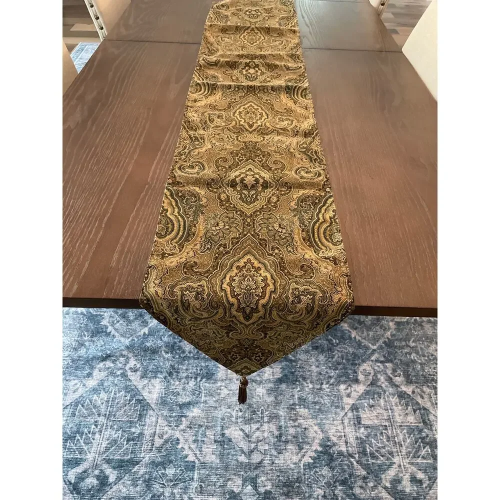 JCPenney London Jade Tapestry Table Runner 80 Inches Sage Blue Tan Cream Tassel
